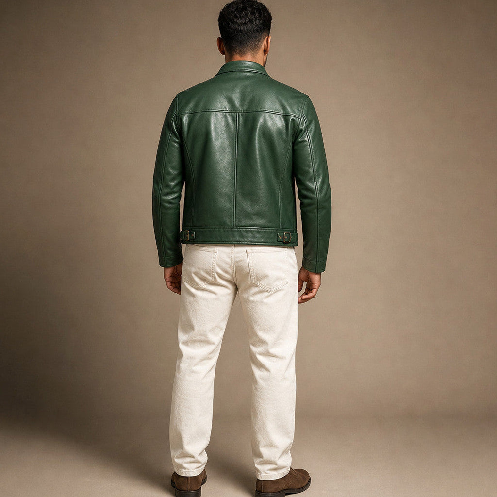 Bulden | Leather Jacket Zip Front Snap Collar Green – Full Look