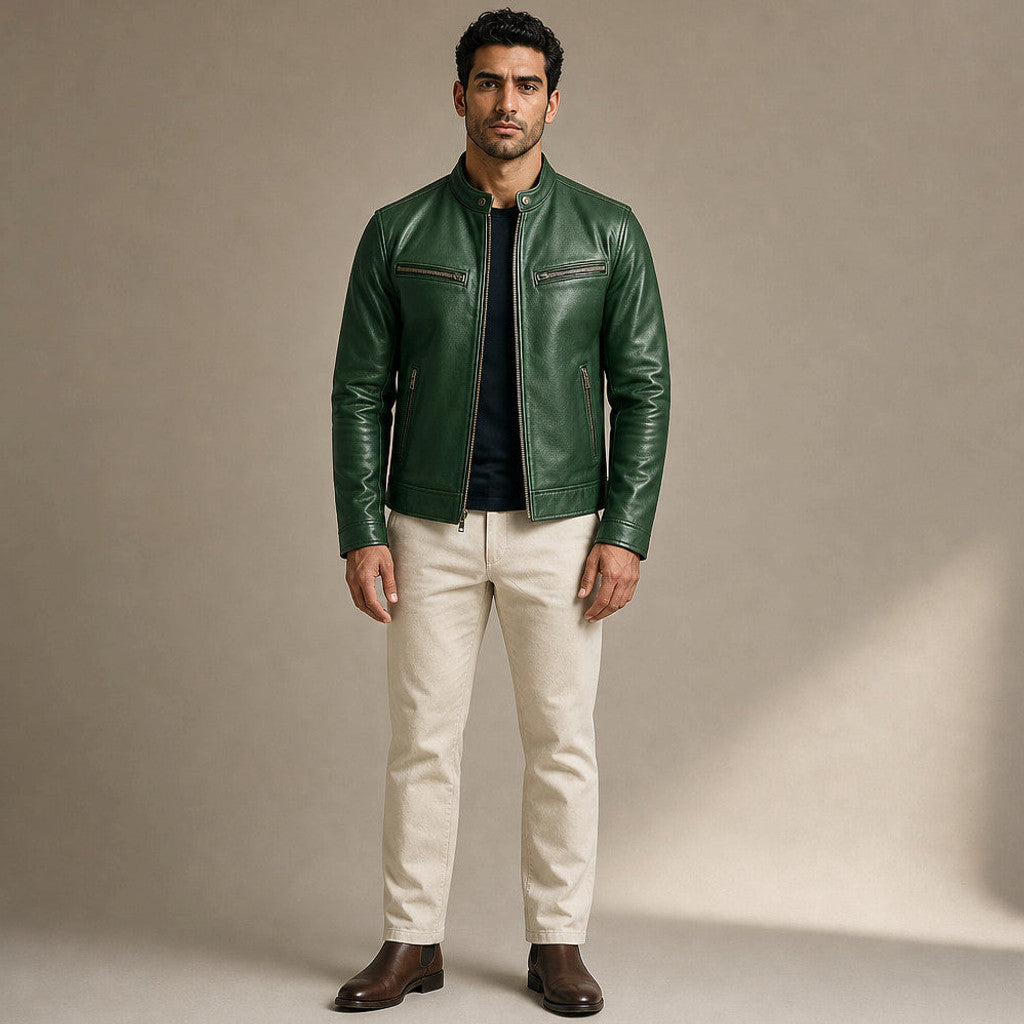 Bulden | Leather Jacket Zip Front Snap Collar in Green – Premium Editorial