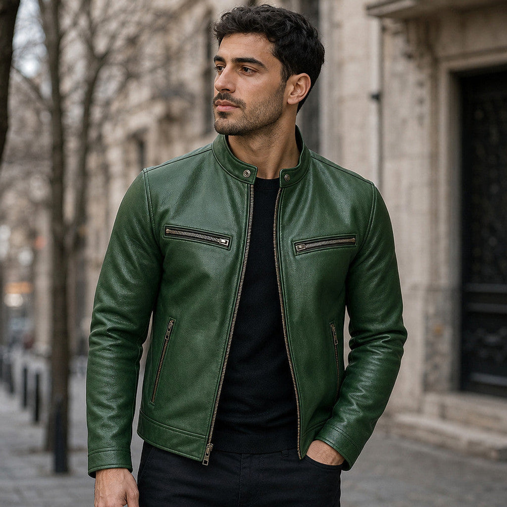 Bulden | Leather Jacket Zip Front Snap Collar Green – Styled Editorial Shot