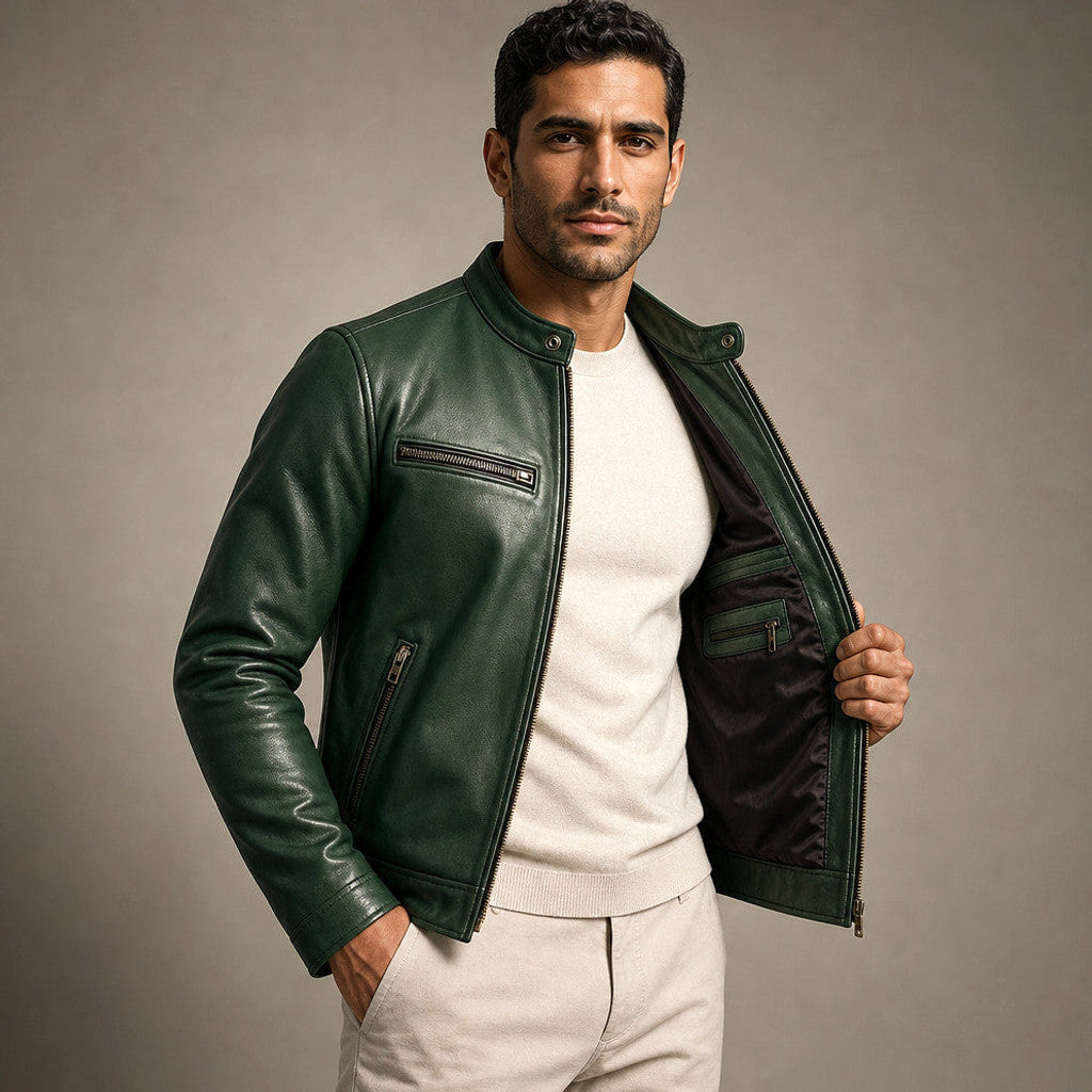Bulden | Leather Jacket Zip Front Snap Collar Green – Interior Lining Detail