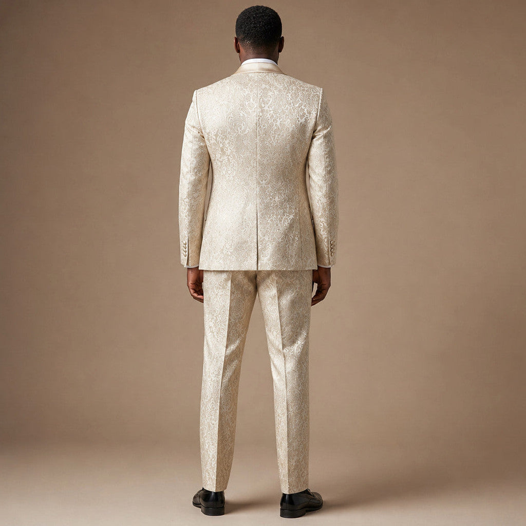 Bulven | Three Piece Tuxedo Suit Damask Champagne Gold Champagne Beige / Gold – Side Angle View