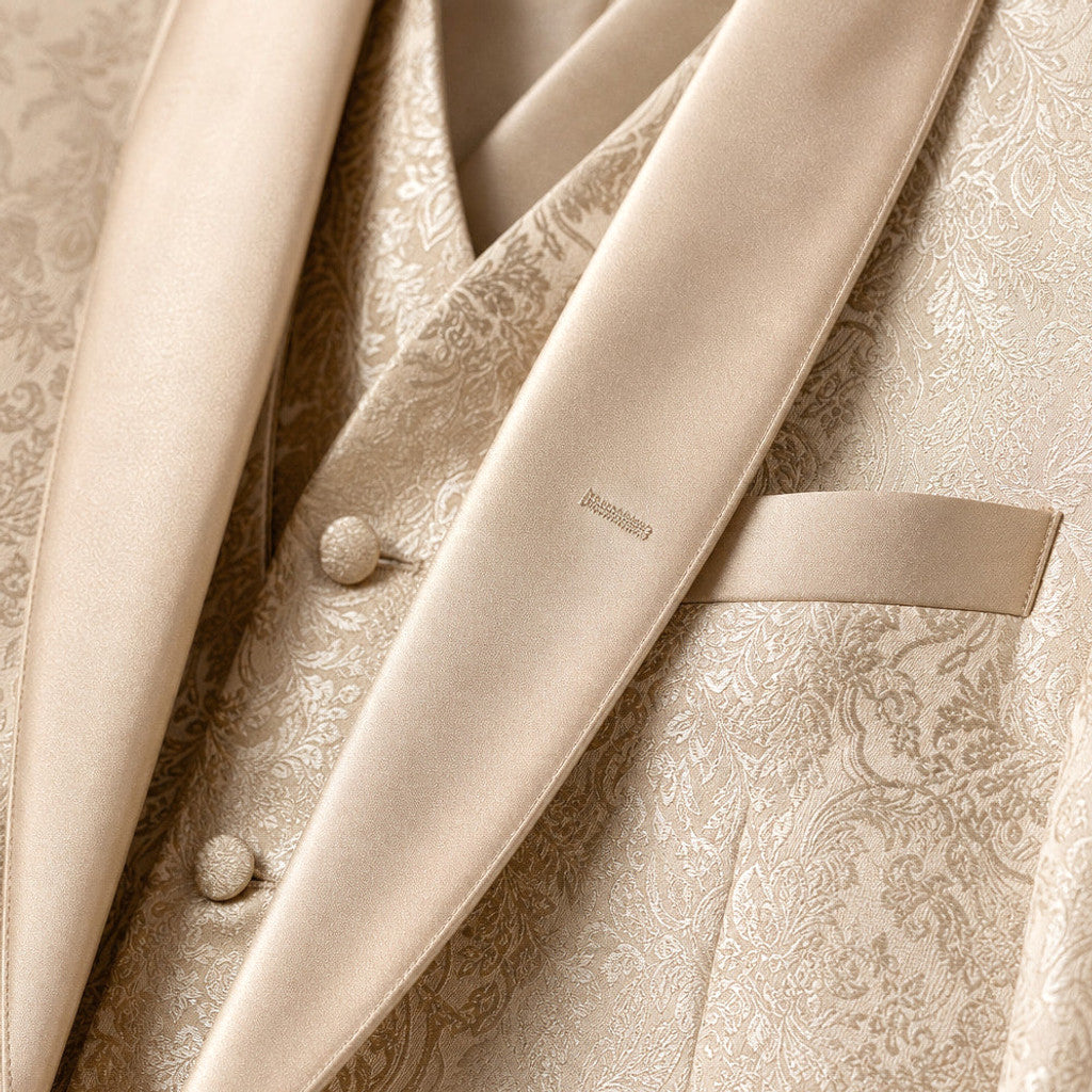 Bulven | Three Piece Tuxedo Suit Damask Champagne Gold Champagne Beige / Gold – Fabric and Detail Close-Up