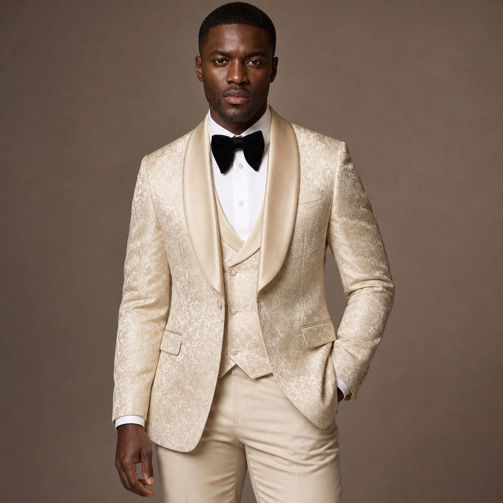 Bulven | Three Piece Tuxedo Suit Damask Champagne Gold Champagne Beige / Gold – Full Look