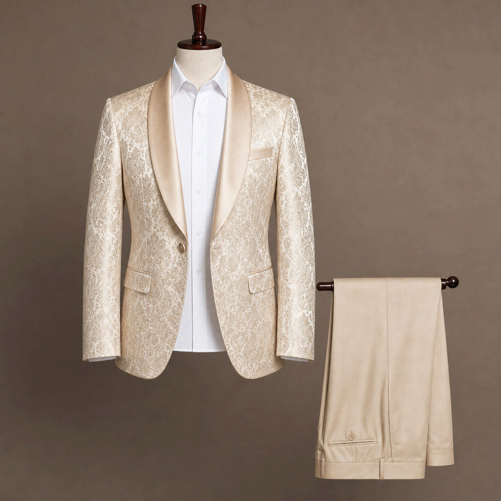 Bulven | Three Piece Tuxedo Suit Damask Champagne Gold Champagne Beige / Gold – Product Photo
