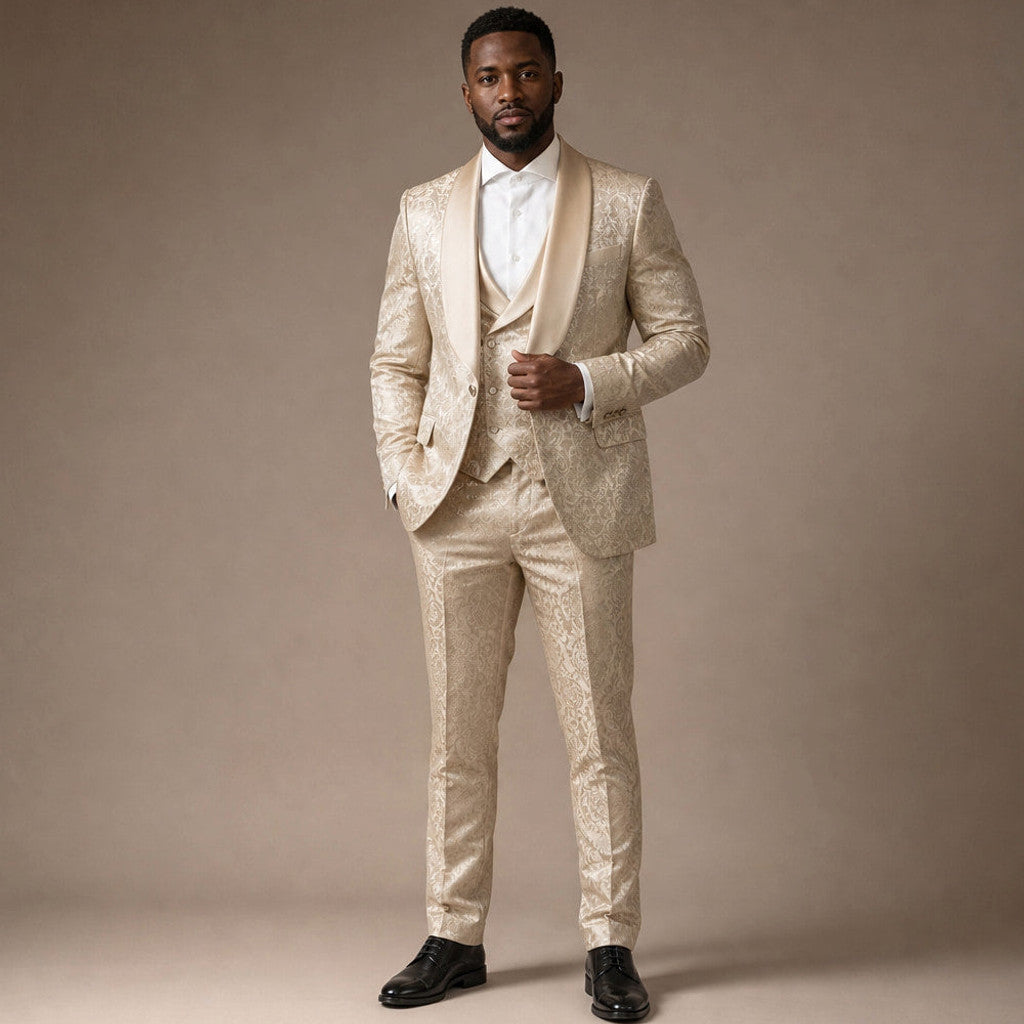 Bulven | Three Piece Tuxedo Suit Damask Champagne Gold in Champagne Beige / Gold – Premium Editorial