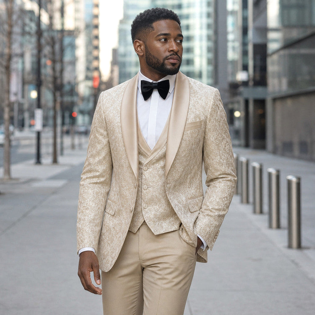 Bulven | Three Piece Tuxedo Suit Damask Champagne Gold Champagne Beige / Gold – Styled Editorial Shot