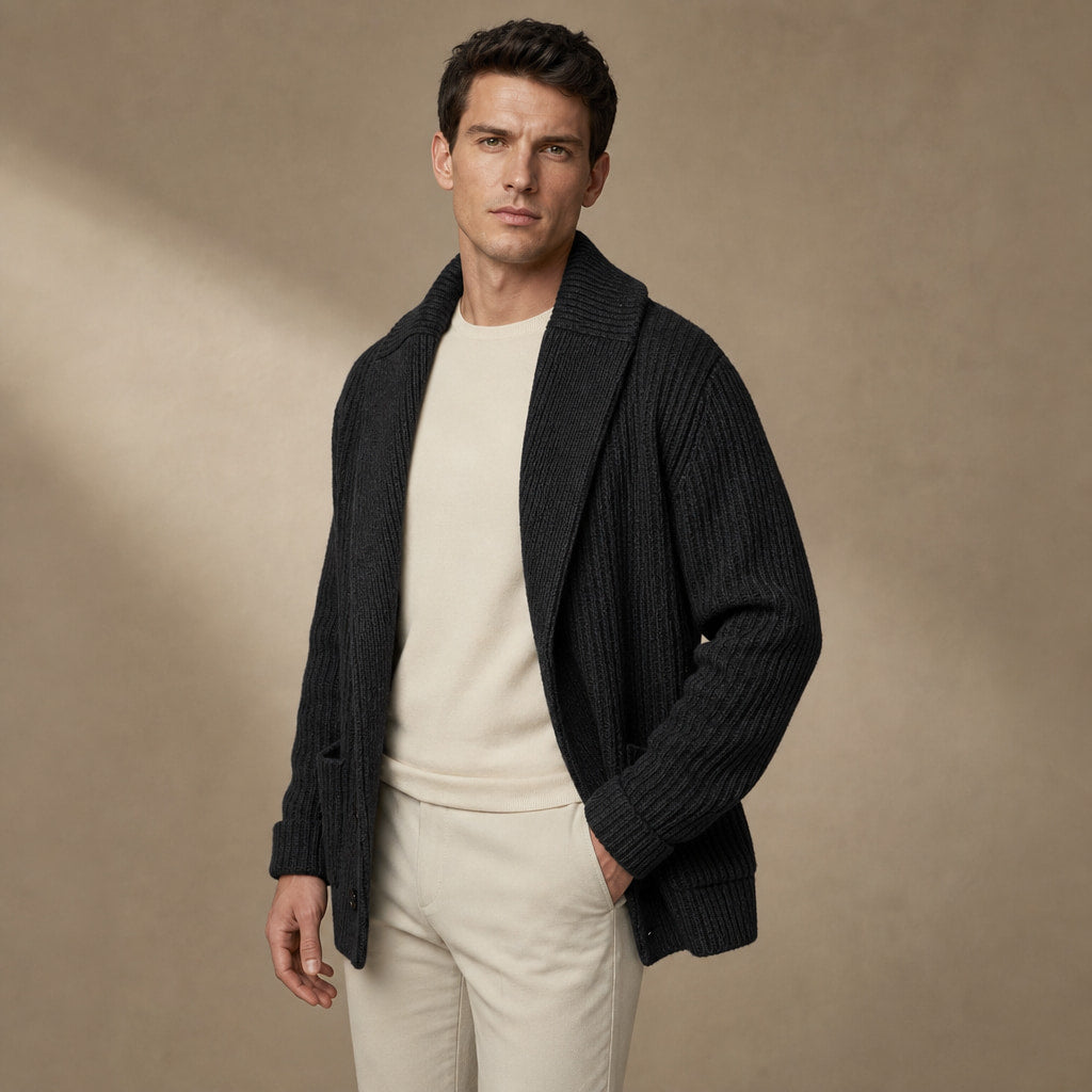 Shawl Collar Cardigan Ribbed Knit Black – Side Angle View