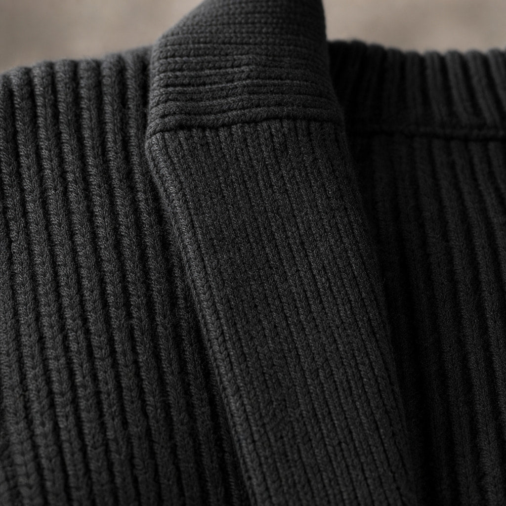 Shawl Collar Cardigan Ribbed Knit Black – Fabric and Detail Close-Up