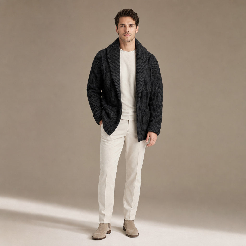 Shawl Collar Cardigan Ribbed Knit Black – Full Look