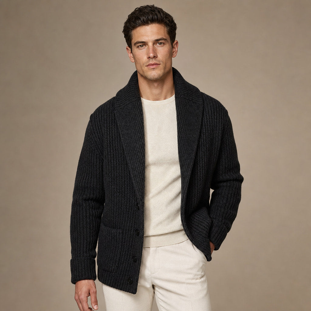 Shawl Collar Cardigan Ribbed Knit in Black – Tomosino Premium Menswear