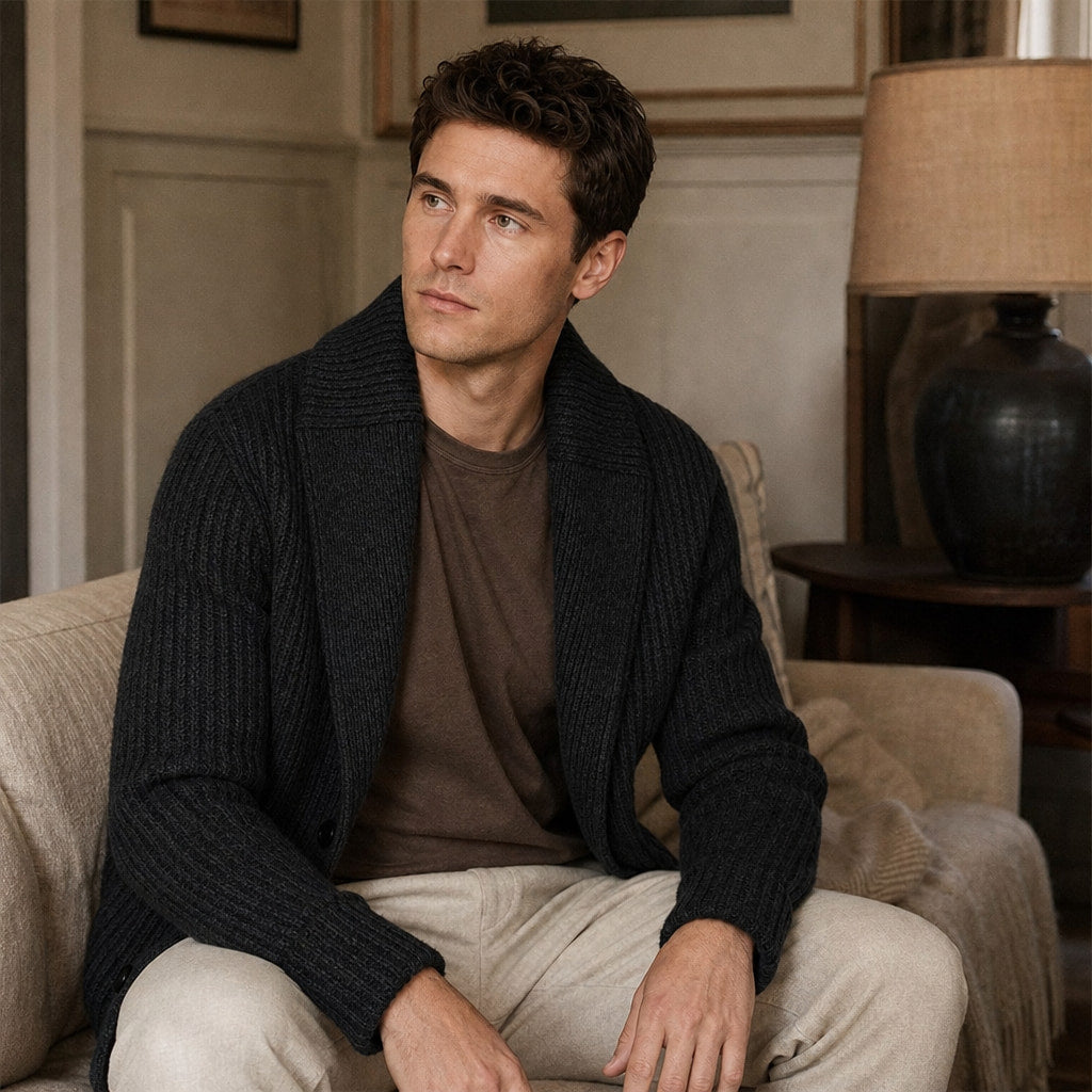 Shawl Collar Cardigan Ribbed Knit Black – Styled Editorial Shot