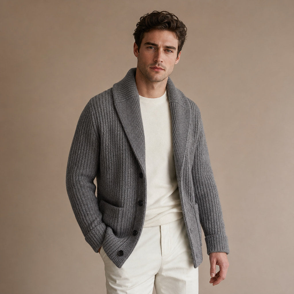 Shawl Collar Cardigan Ribbed Knit Grey – Product Photo