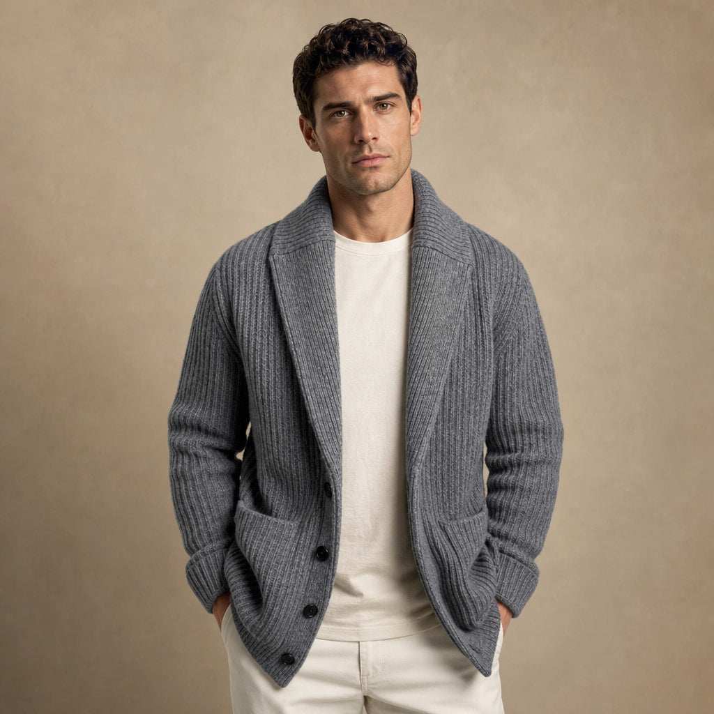 Shawl Collar Cardigan Ribbed Knit in Grey – Tomosino Premium Menswear