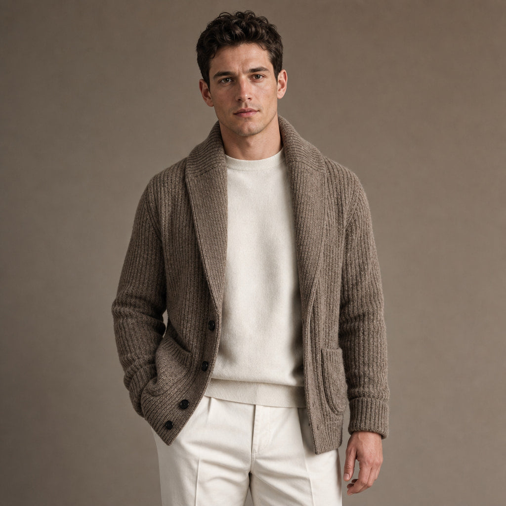 Shawl Collar Cardigan Ribbed Knit Khaki – Product Photo