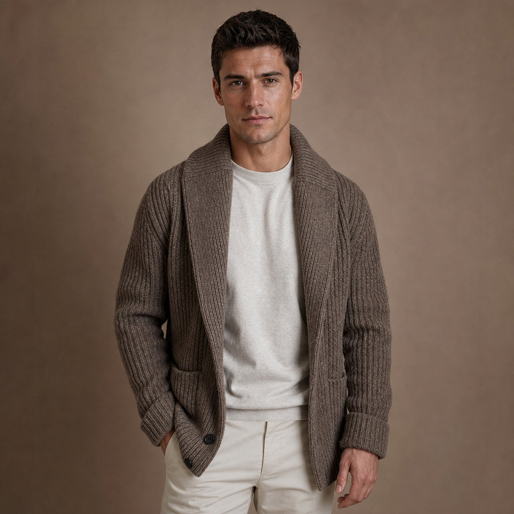 Shawl Collar Cardigan Ribbed Knit in Khaki – Tomosino Premium Menswear