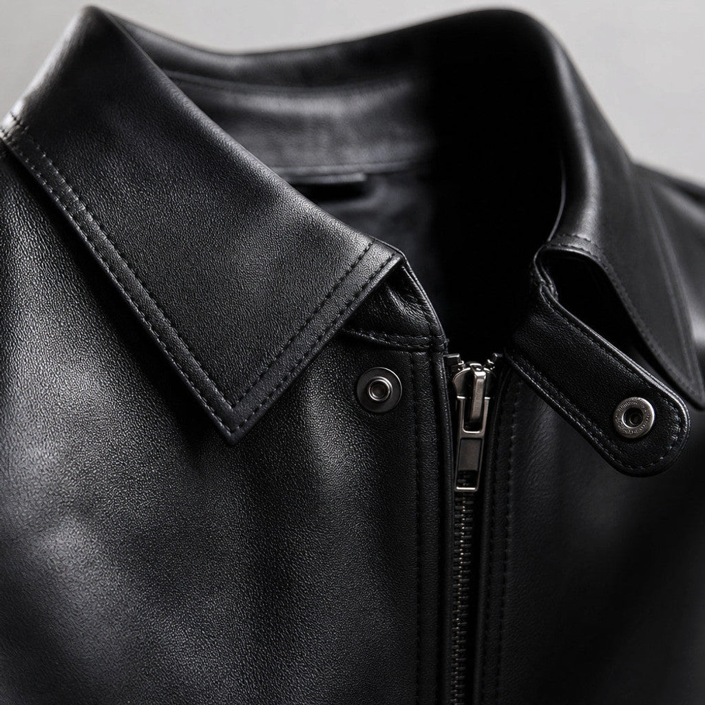 Caldecott | Harrington Jacket Leather Black Black – Fabric and Detail Close-Up