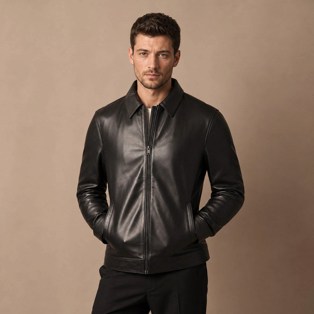 Caldecott | Harrington Jacket Leather Black Black – Product Photo