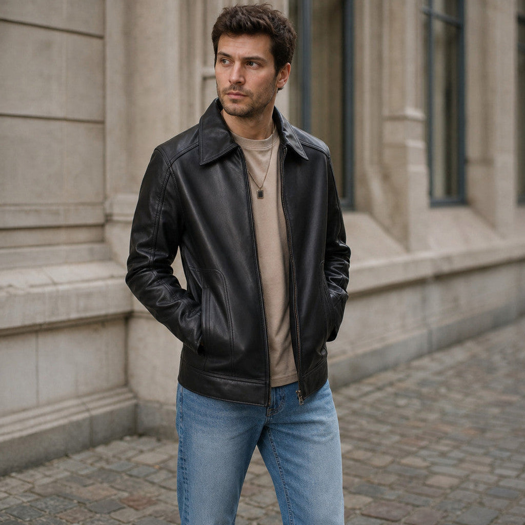 Calderwood | Leather Biker Jacket Sheepskin Black – Product Photo