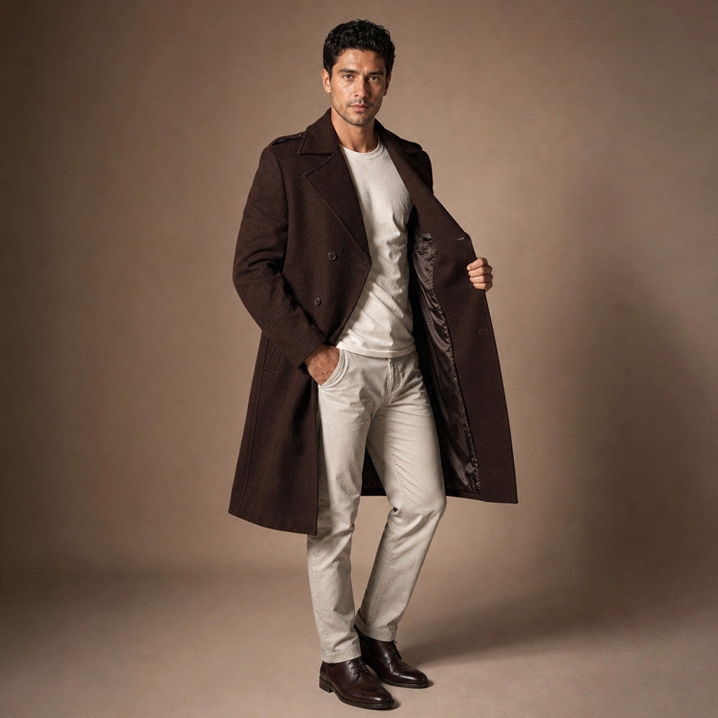 Caldmere | Double Breasted Trench Coat Wool Brown Brown – Side Angle View