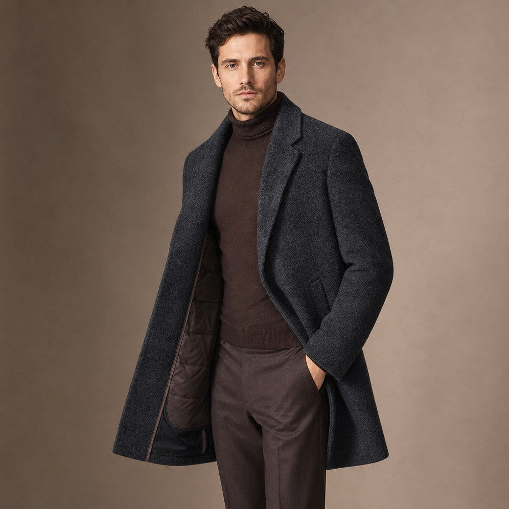 Calhoun | Wool Coat Mid-Length Quilted Lining Charcoal – Side Angle View