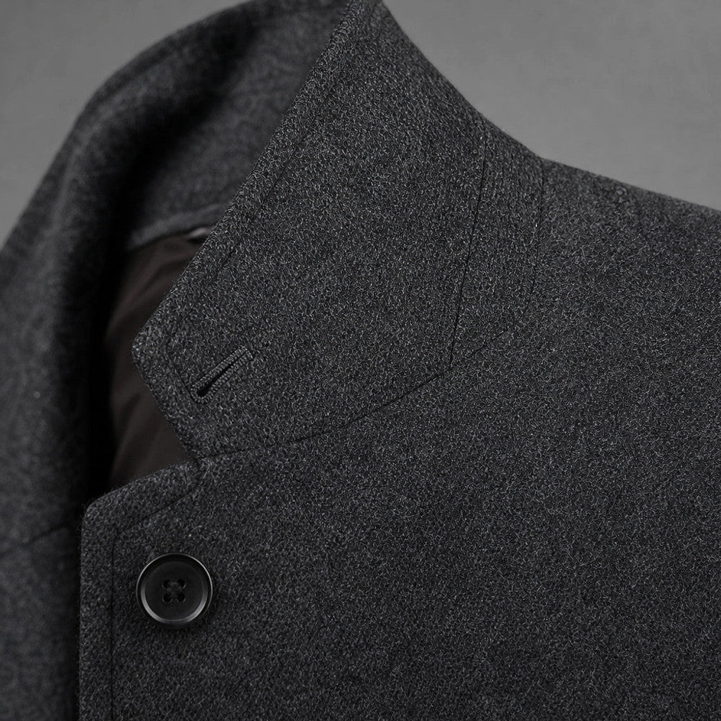 Calhoun | Wool Coat Mid-Length Quilted Lining Charcoal – Fabric and Detail Close-Up