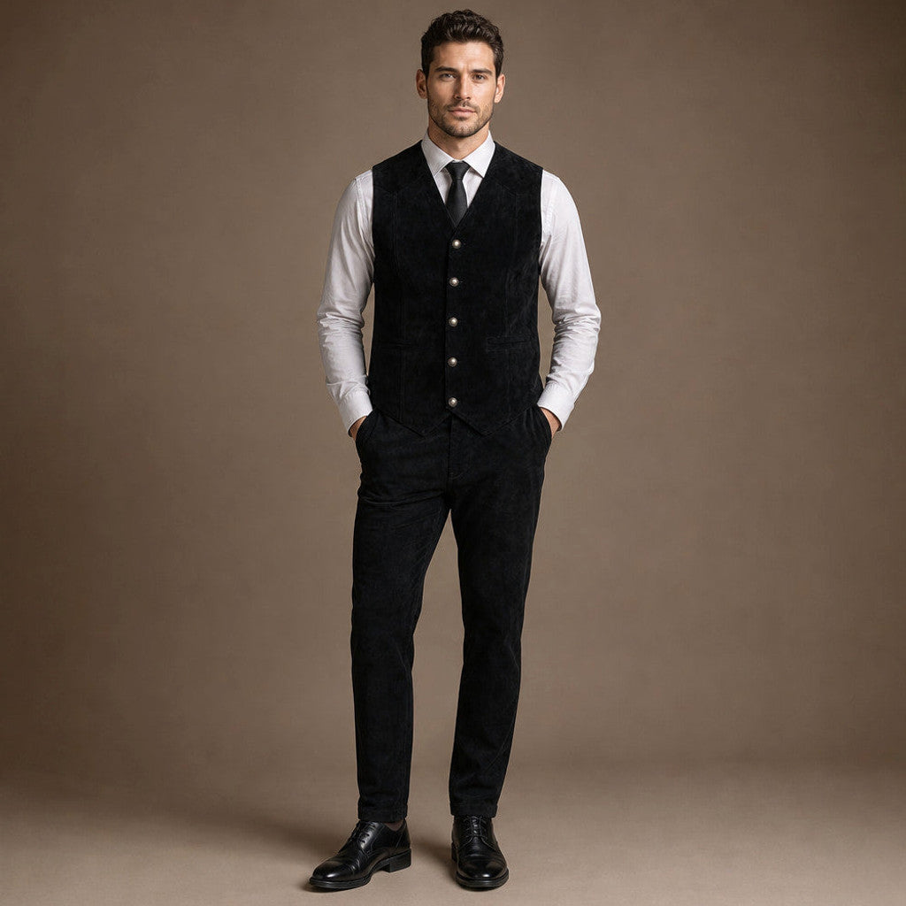 Calverly | Waistcoat Suede Five Button in Black – Premium Editorial