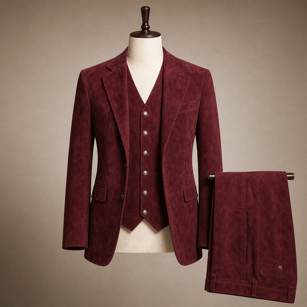 Calverly | Waistcoat Suede Five Button Burgundy – Product Photo