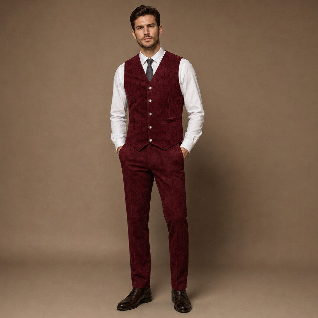 Calverly | Waistcoat Suede Five Button in Burgundy – Premium Editorial