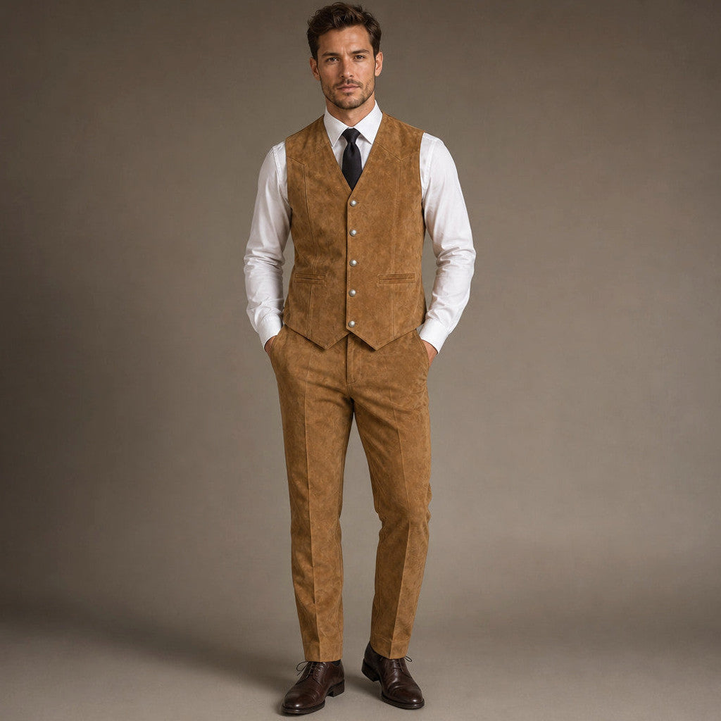 Calverly | Waistcoat Suede Five Button in Khaki – Premium Editorial