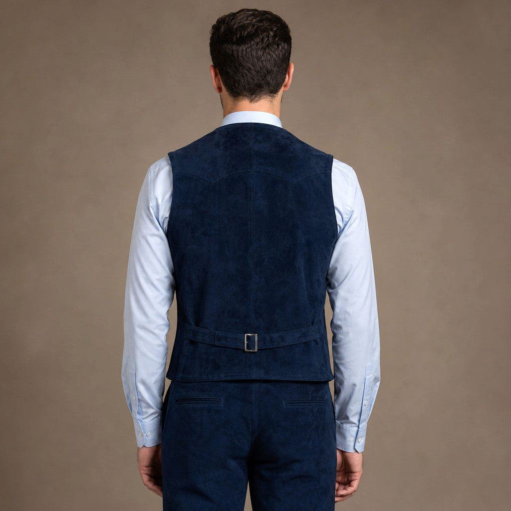 Calverly | Waistcoat Suede Five Button Navy – Side Angle View