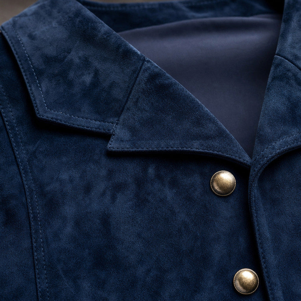 Calverly | Waistcoat Suede Five Button Navy – Fabric and Detail Close-Up