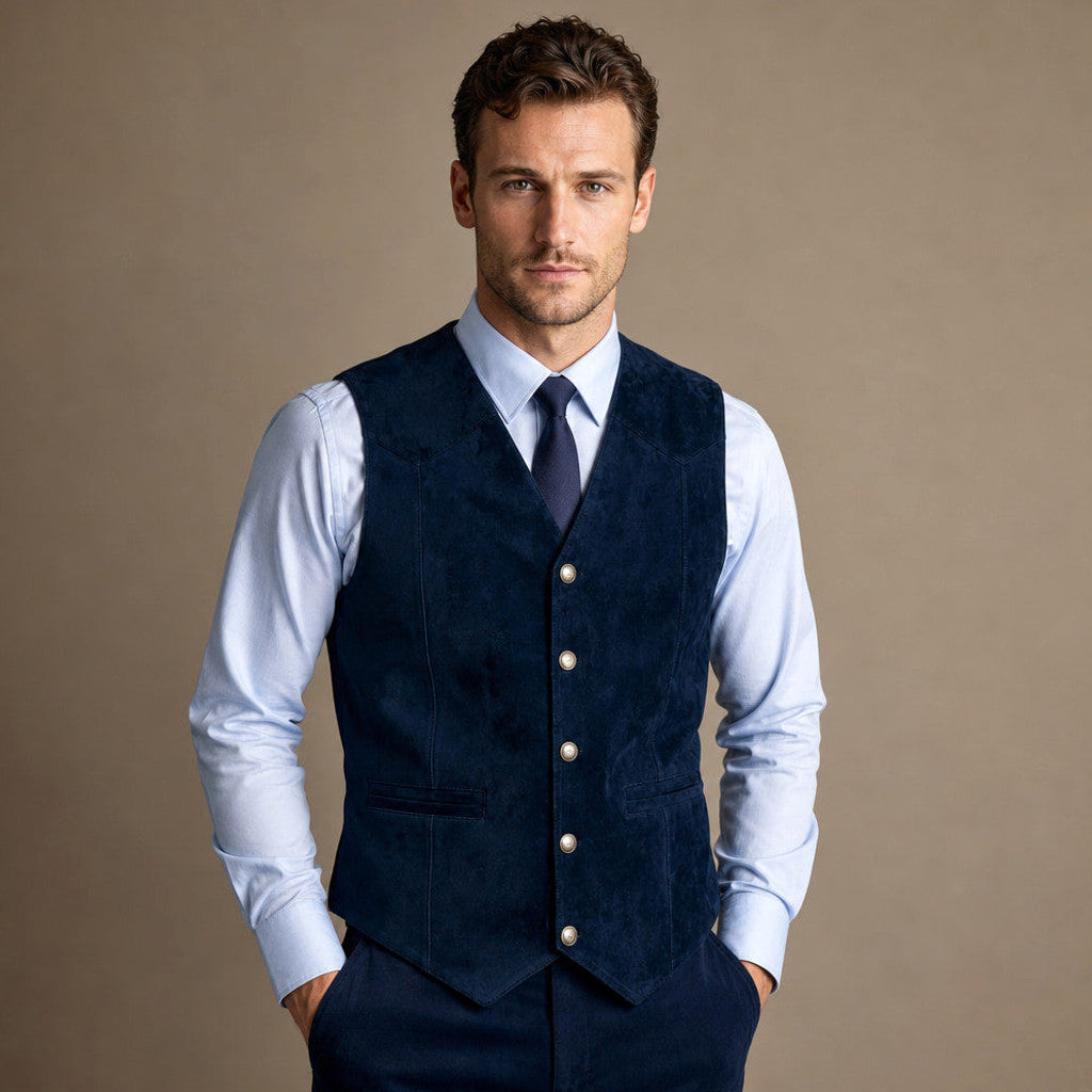 Calverly | Waistcoat Suede Five Button Navy – Full Look