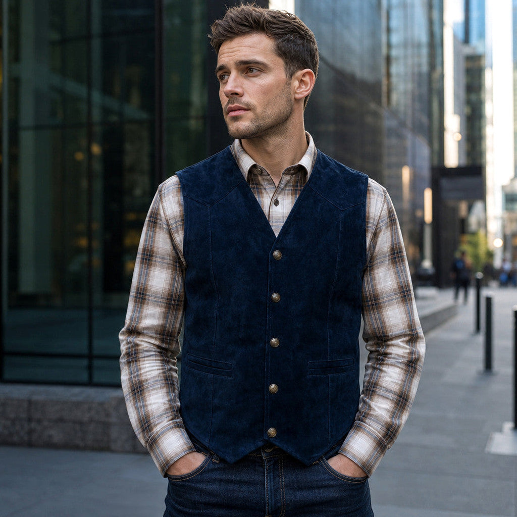 Calverly | Waistcoat Suede Five Button Navy – Styled Editorial Shot