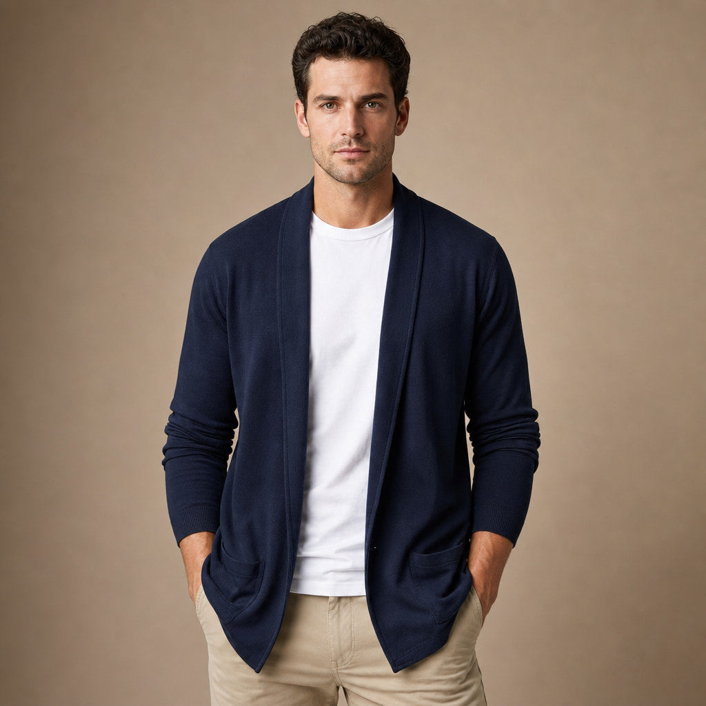 Cardigan Open Front Relaxed Fit Long Sleeve in Navy Blue – Tomosino Premium Menswear