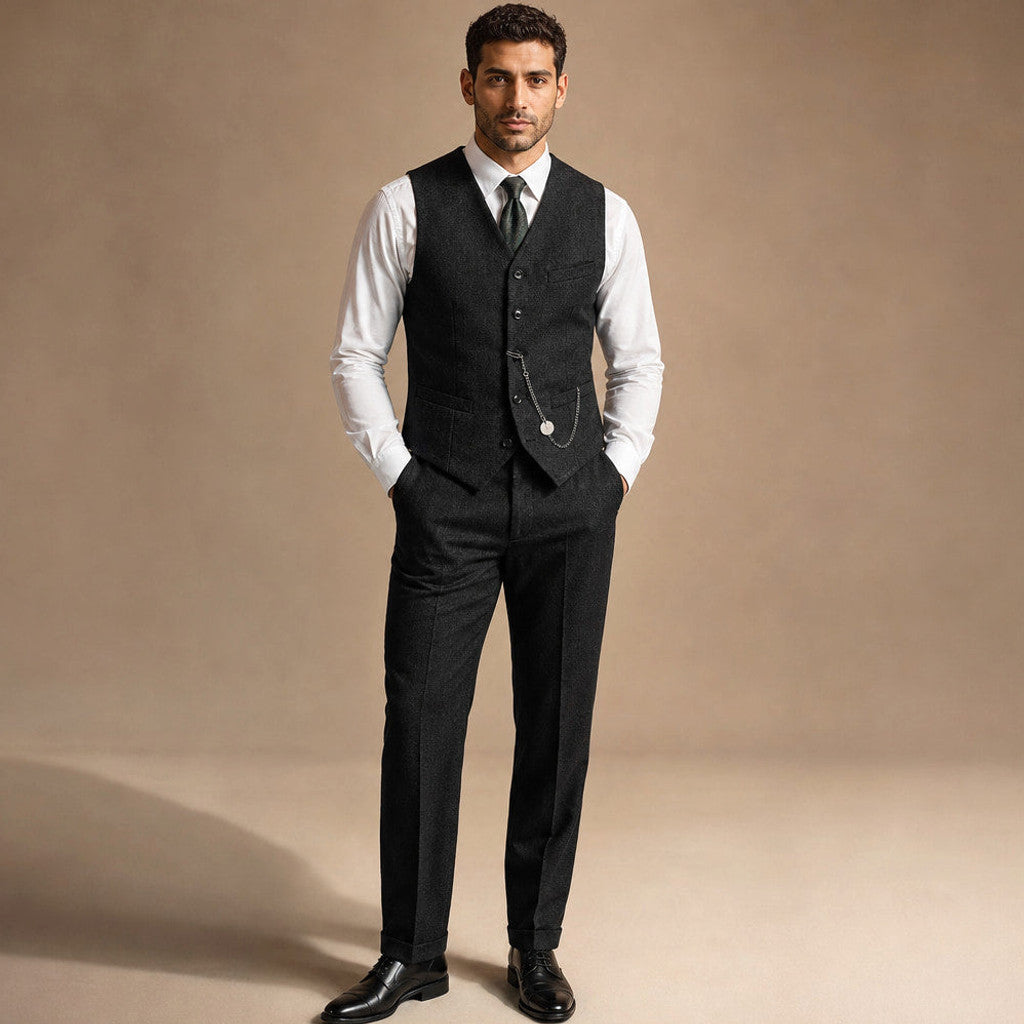 Camdon | Herringbone Waistcoat Adjustable Back Strap in Black – Premium Editorial