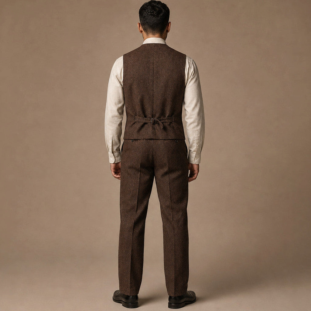 Camdon | Herringbone Waistcoat Adjustable Back Strap Brown – Side Angle View