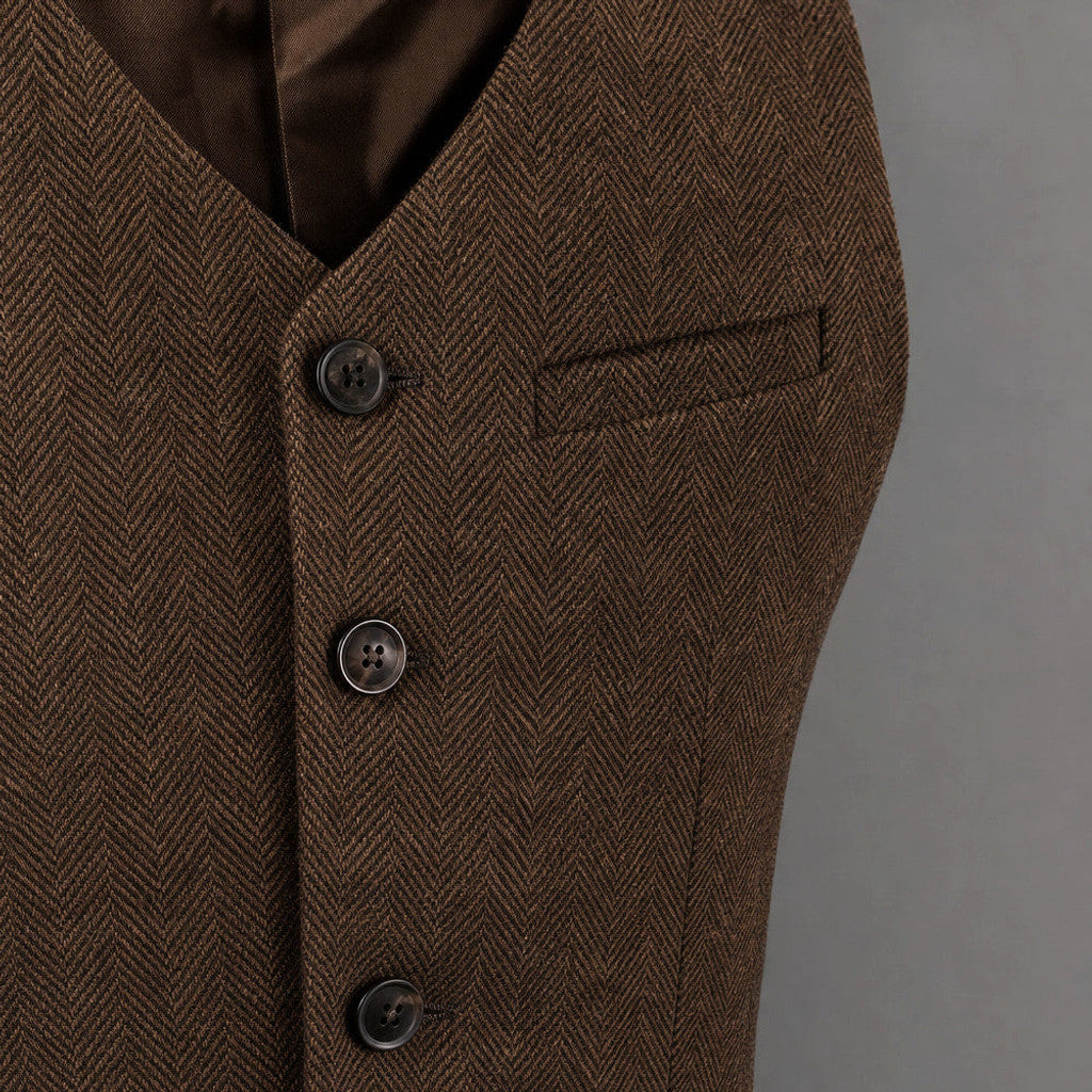 Camdon | Herringbone Waistcoat Adjustable Back Strap Brown – Fabric and Detail Close-Up