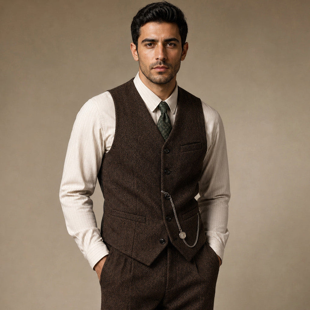 Camdon | Herringbone Waistcoat Adjustable Back Strap Brown – Full Look
