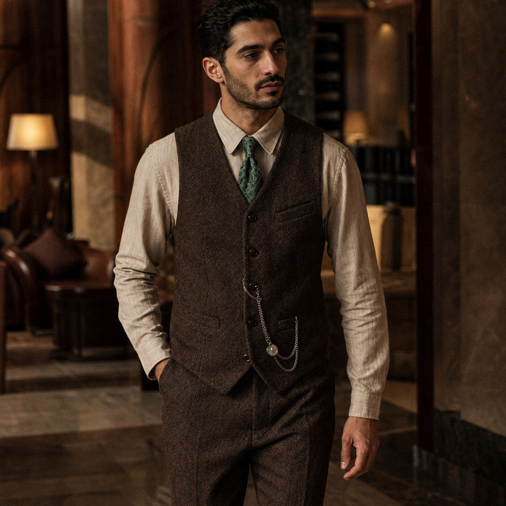 Camdon | Herringbone Waistcoat Adjustable Back Strap Brown – Styled Editorial Shot