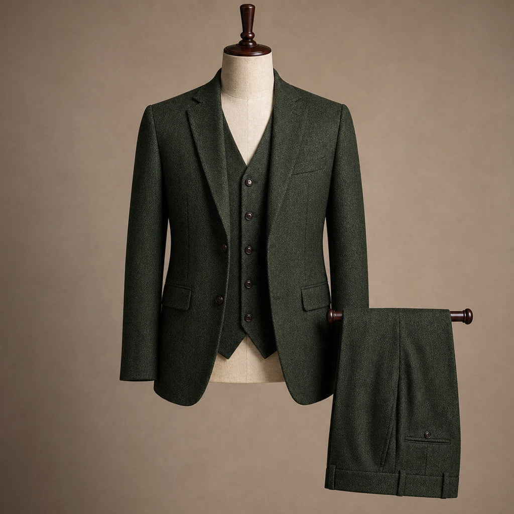 Camdon | Herringbone Waistcoat Adjustable Back Strap Dark Green – Product Photo