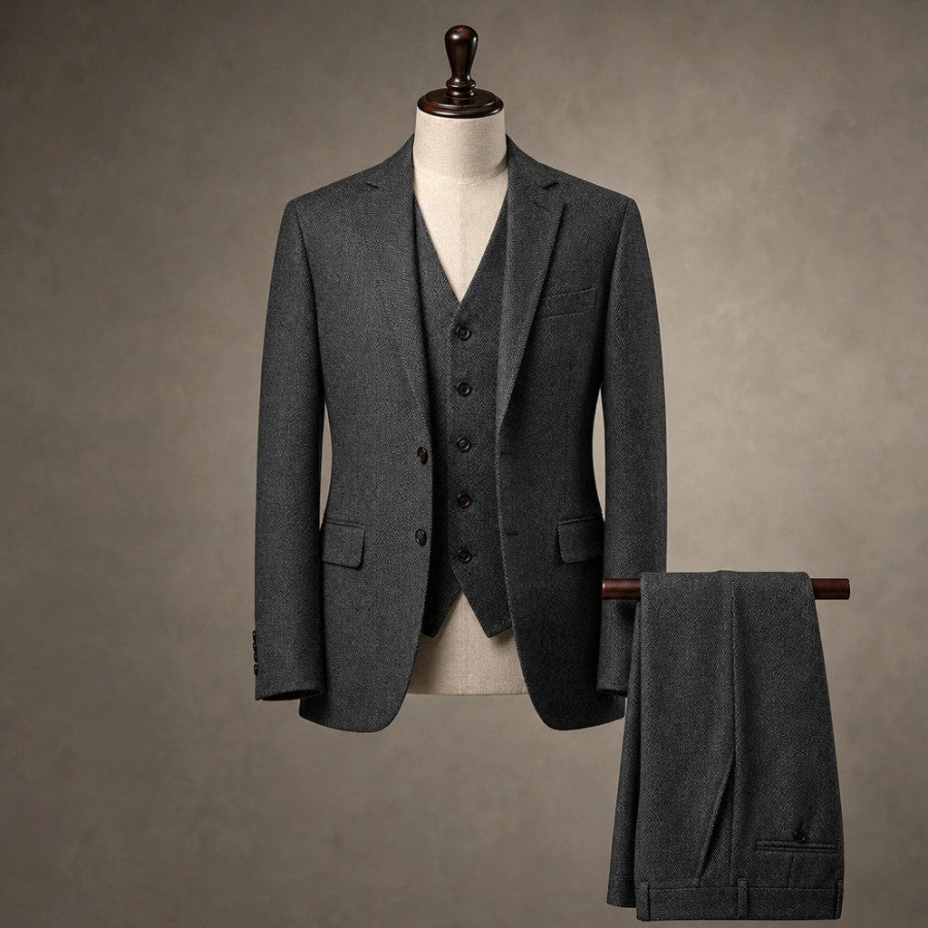 Camdon | Herringbone Waistcoat Adjustable Back Strap Dark Grey – Product Photo