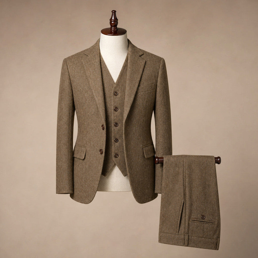 Camdon | Herringbone Waistcoat Adjustable Back Strap Khaki – Product Photo