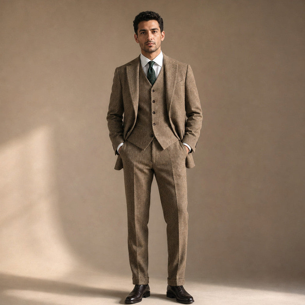 Camdon | Herringbone Waistcoat Adjustable Back Strap in Khaki – Premium Editorial