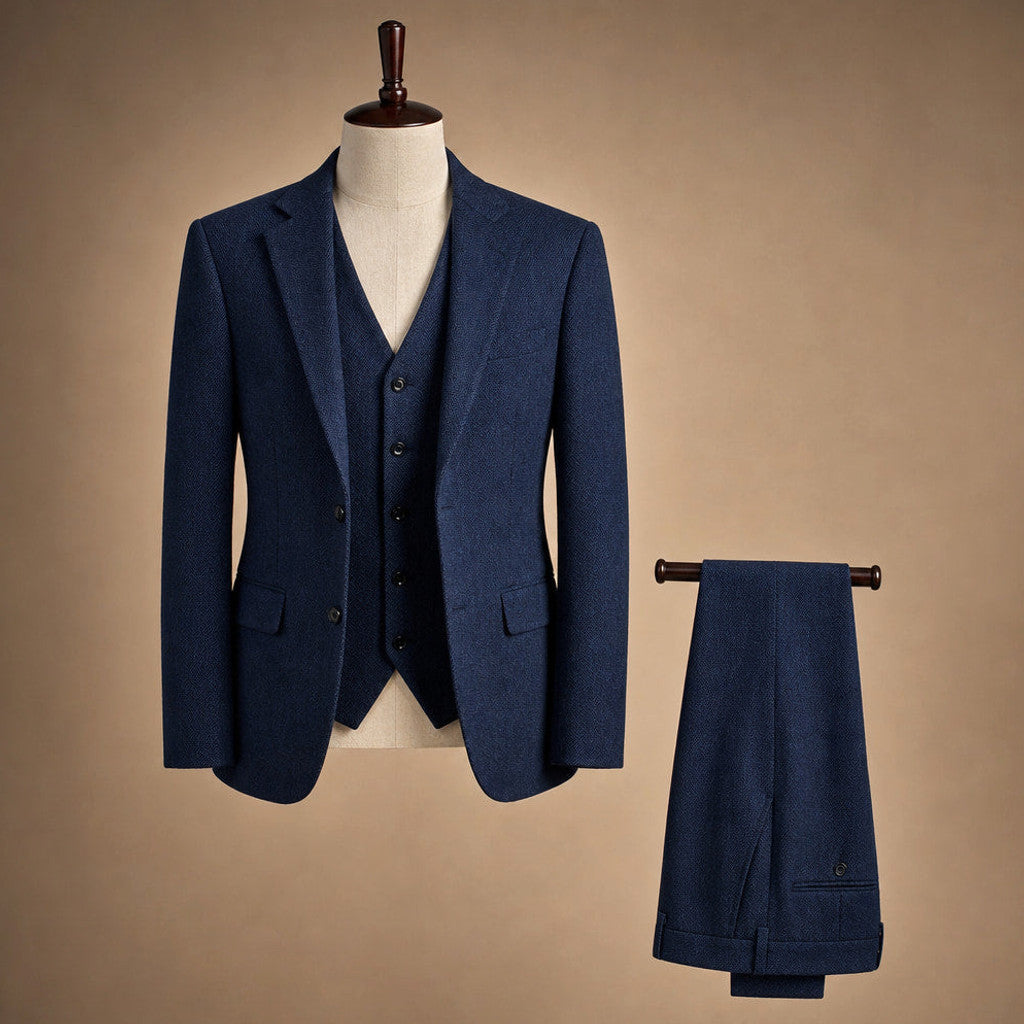 Camdon | Herringbone Waistcoat Adjustable Back Strap Navy – Product Photo