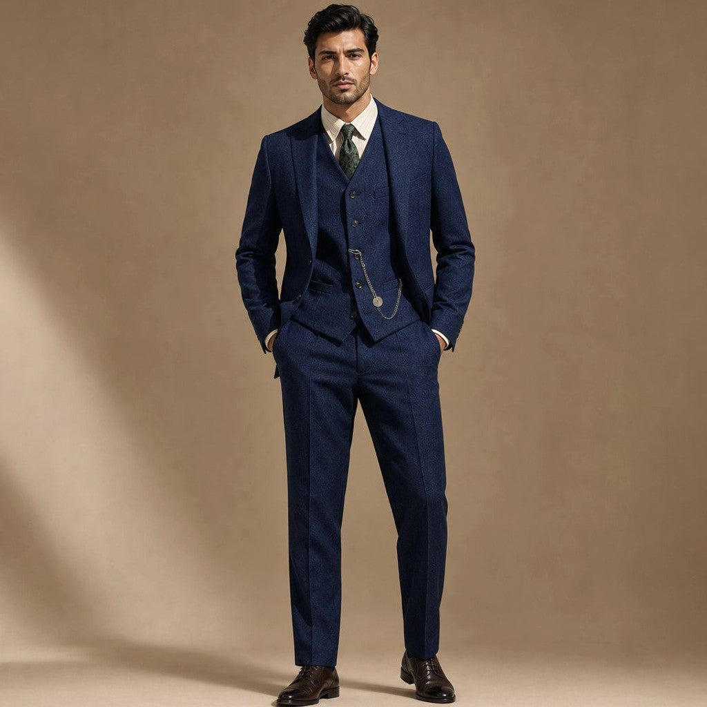 Camdon | Herringbone Waistcoat Adjustable Back Strap in Navy – Premium Editorial