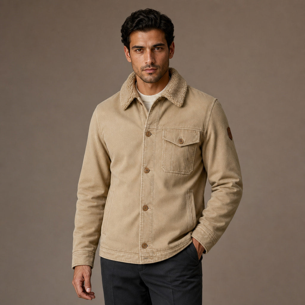 Fleece Jacket Faux Fur Collar Windproof in Khaki – Tomosino Premium Menswear