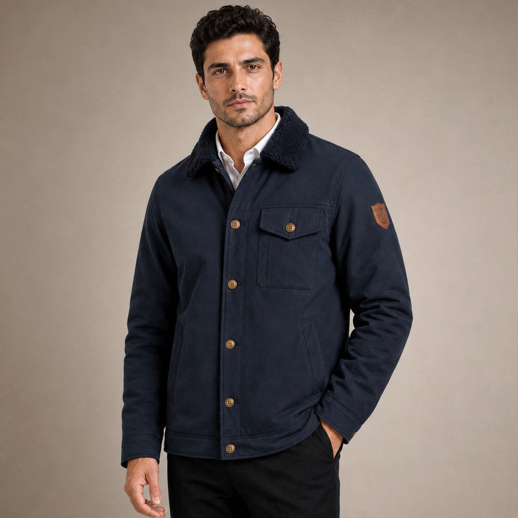 Fleece Jacket Faux Fur Collar Windproof in Navy – Tomosino Premium Menswear