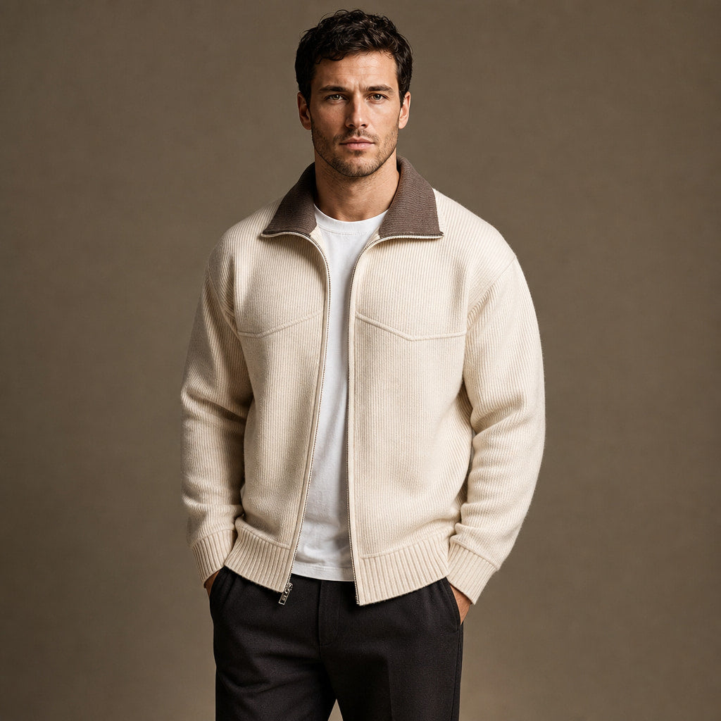 Cardigan Mock Neck Full Zip Knit in Beige – Tomosino Premium Menswear