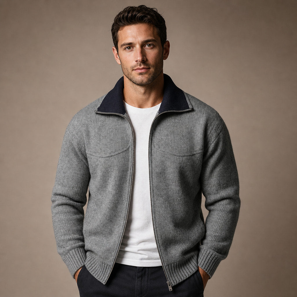 Cardigan Mock Neck Full Zip Knit in Gray – Tomosino Premium Menswear