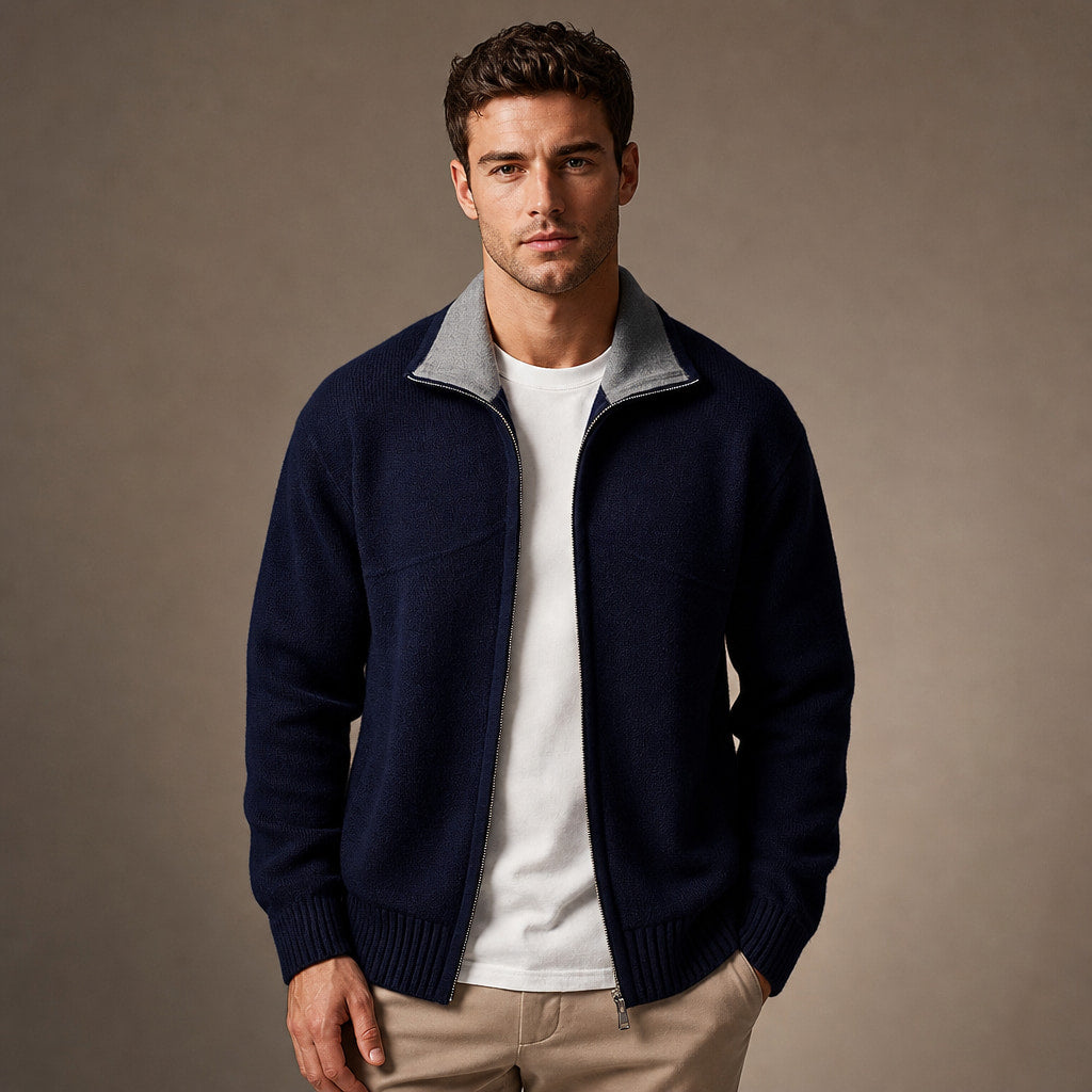 Cardigan Mock Neck Full Zip Knit in Navy Blue – Tomosino Premium Menswear